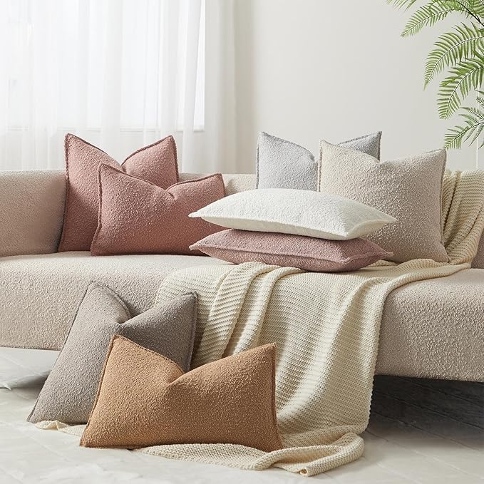 JUSPURBET 12x20 Pillow Covers Set of 2 Decorative Throw Pillow Covers Case for Couch Sofa Bed Soft Boucle Textured Lumbar Cushion Covers with Hidden Zipper for Home Decor Living Room,Beige