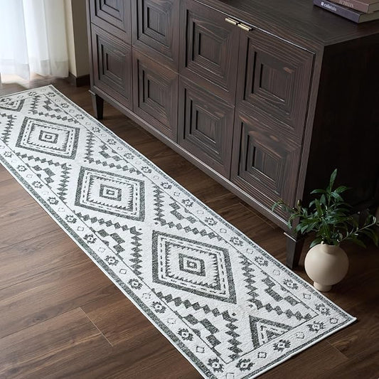 RAMEFILD Moroccan Washable Runner Rug 2x8, Geometric Woven Area Rug, Farmhouse Boho Hallway Rug Runner, Non-Slip Soft Lightweight Throw Rug for Bedroom Living Room Laundry Kitchen, Olive Green/White