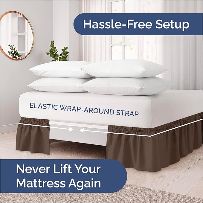Wrap Around Dust Ruffle Bed Skirt - Brown - for Queen Size Beds with 21 Inch Drop - Easy Fit Elastic Strap - Adjustable Pleated Bedskirt w/Brushed Fabric - Wrinkle Free - for Women, Men, Kids & Teens