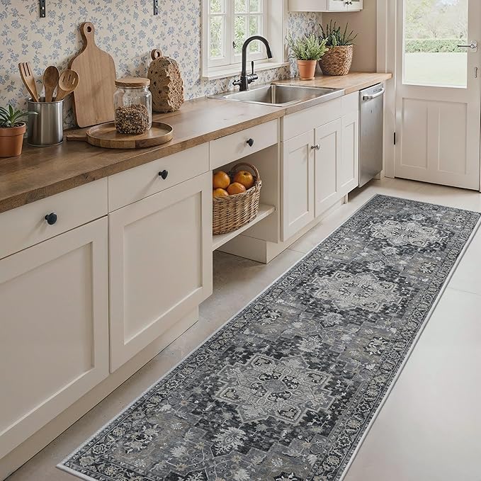 BESBLEE Runner Rug 2'6''x10, Machine Washable Runners, Non Slip Vintage Hallway Runner Rugs, Low Pile Lightweight Mat for Entryway, Hallway, Kitchen and Corridor, Dark Gray