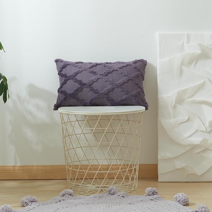 EMMTEEY Boho Fluffy 12X20 Pillow Covers Set of 2 - Single-Sided Striped Embroidery Design, Neutral Nordic Style Pillow Case Bed Sofa Decor for Cozy Home Styling, Purple