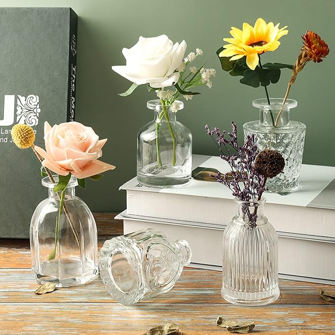 Bud Vases in Bulk Small Glass Vase Tiny Set of 5 EylKoi Different Shape Vintage White Crystalline Material Mini Clear Small for Flowers Cute Different Shape for Centerpiece Wedding Table Home