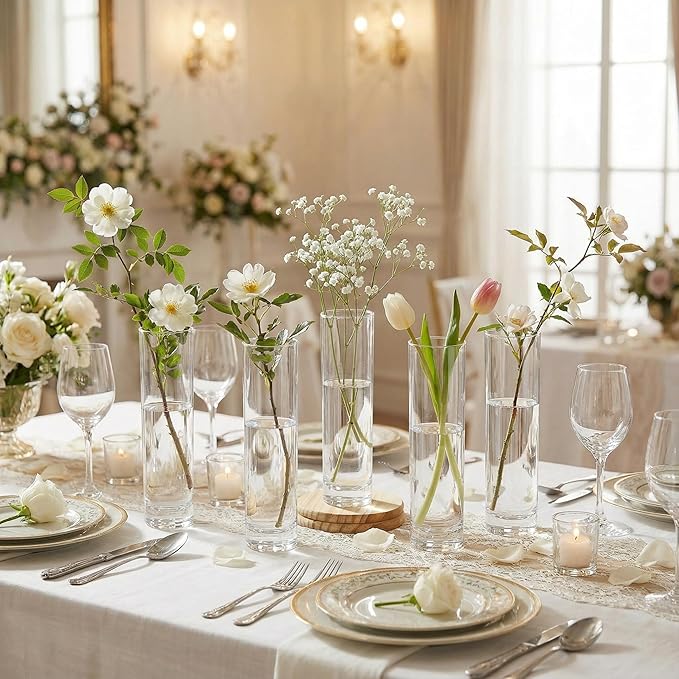 24 Pcs Acrylic Cylinder Bud Vases for Centerpieces, Acrylic Tall Flower Vase Clear Small Vases Bulk for Single Rose Table Centerpiece Wedding Home Decor Indoor Desk Office Party Decorations