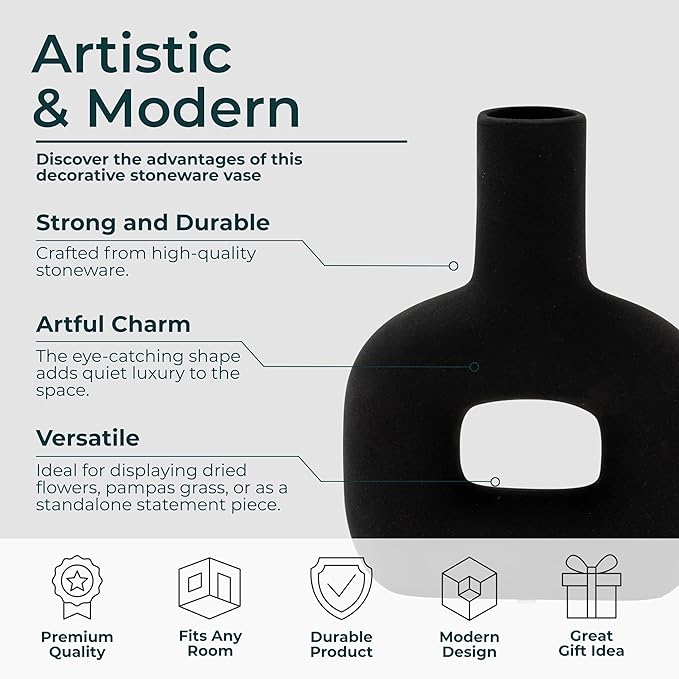 Modern Open-Cut Dolomite Vase for Living Room Decor and Home Accents - Decorative Flower Vase for Room, Bedroom or Office Display - Elevate House Display and Console Table Decor - 8", Black