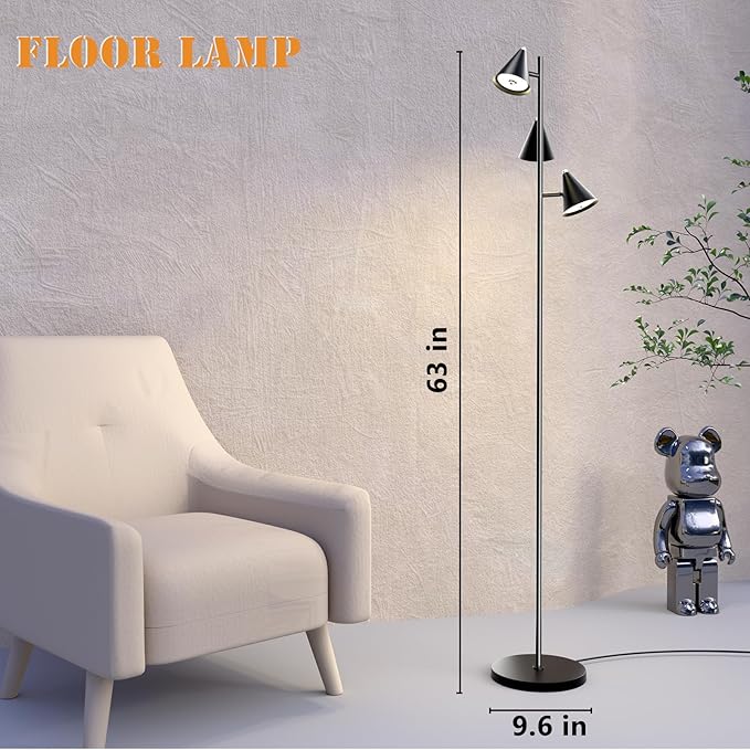 KimYan Tree Floor Lamp with Remote, Dimmable 3 Rotatable LED Lights, 5 Color Temperatures, 63" Modern Standing Lamp for Living Room, Bedroom, Office Reading Light