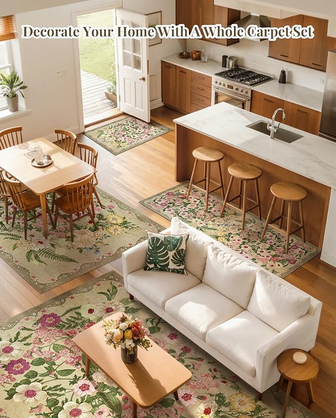 AREAMAY Floral Washable 5x7 Area Rugs - Living Room Rug Non Slip Low Pile Stain Resistant Carpets Indoor Vintage Flower Print Rug for Bedroom Dining Room Kitchen Home Office, Brown