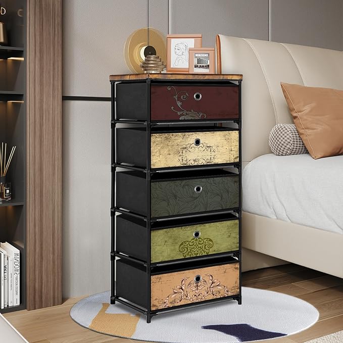 Nightstand with 5 Drawers, Clothes Storage Organizer, Small Fabric Dresser for Bedroom, Closet, Entryway, Hallway, Nursery, Dorm