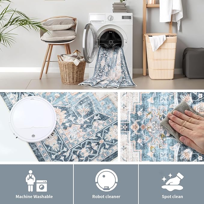 Dotiiorug Washable 6×9 Area Rug for Living Room, Vintage Floral Rug Soft Non Slip Stain Resistant Boho Carpet for Indoor Bedroom Dinning Room Home Office Blue/Ivory