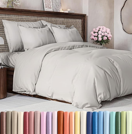 Duvet Cover Full Size Set - Extra Soft Full Size Duvet Cover 80 x 90 with 2 Pillow Shams - Hotel Luxury Easy Care and Fade Free w/Zipper Closures & Ties - Comfy Breathable Bedding Set (French Grey)