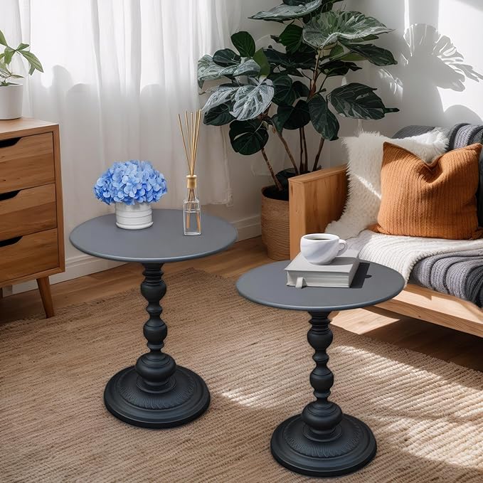 Benkyo Set of 2 Black Pedestal Round Side End Table，Small Metal Vintage Tables Iron Drink Table Circle Cocktail Table Coffee Table for Living Room Bedroom Samll Spaces