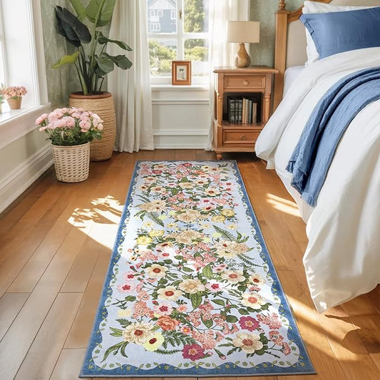AREAMAY Floral Runner Rug 2x6 - Washable Vintage Kitchen Rug Low Pile Non-Slip Carpet for Entryway Hallway, Laundry, Bedroom - Soft, Stain Resistant Indoor Area Rug - Blue
