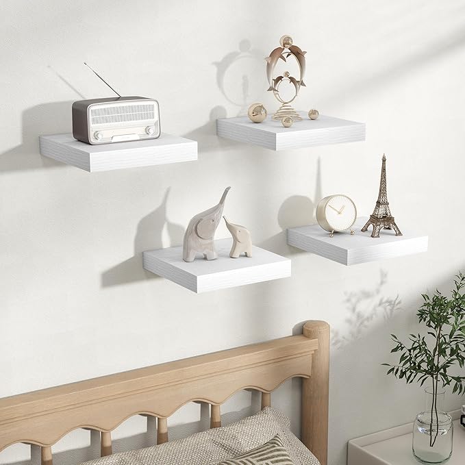 Fun Memories Rustic Floating Wall Shelves, Wall Mounted Wood Storage & Display Shelves for Bathroom, Bedroom, Living Room or Kitchen, (Set of 4, White, 9.3 in)