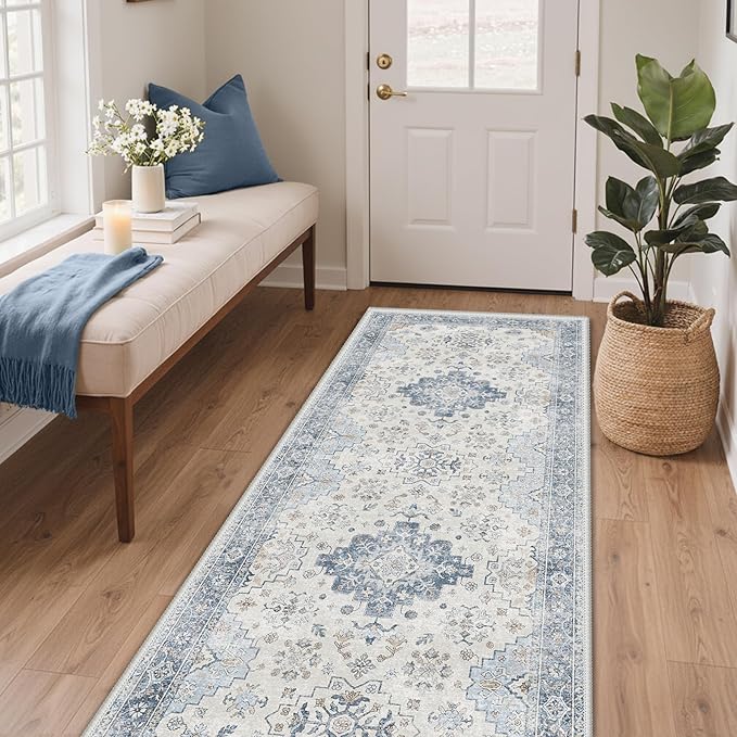 GENIMO 2'6''x6 Runner Rug,Machine Washable Non-Slip Vintage Rugs,Low Pile Lightweight Carpet for Bedroom,Hallway,Entryway,Kitchen,Bathroom,Blue