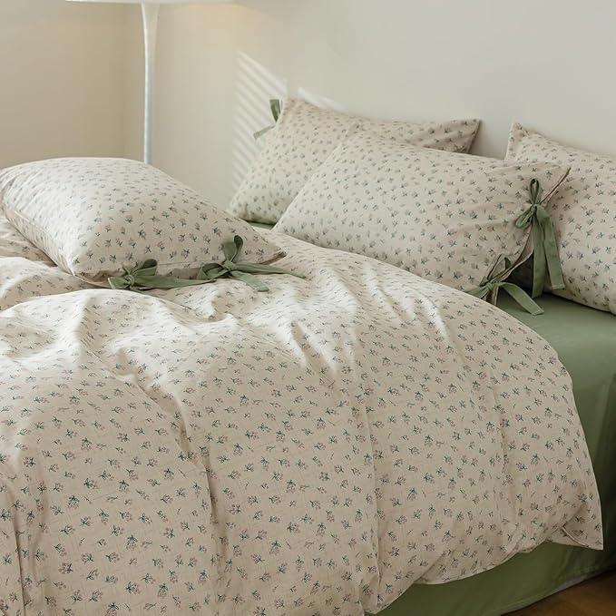 Vintage Style Cotton Duvet Cover Twin 3 Pieces Green Floral Print Duvet Cover Chic Botanical Flower Bedding Sets Cottagecore Floral Comforter Cover Boho Floral Bedding Cover with 2 Bowknot Pillowcases