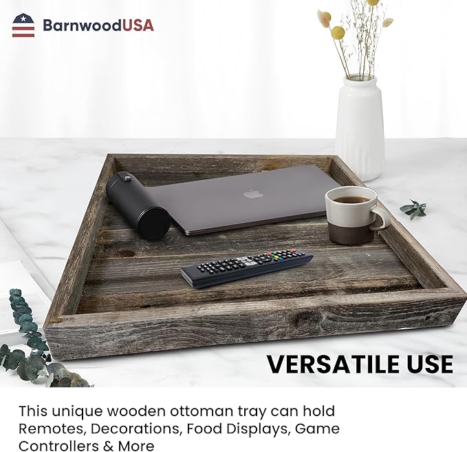 Wooden Ottoman Tray with Felt Pad – Decorative Couch Serving Tray Made with Real Rustic Reclaimed Wood - Perfect for Living Room Ottomans, Sofas, & Coffee Tables -18" x 18"- Natural Weathered Gray
