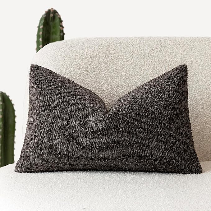 Foindtower Textured Boucle Throw Pillow Covers Accent Solid Lumbar Pillow Cases Cozy Soft Decorative Couch Cushion Case for Chair Sofa Bedroom Living Room Home Decor, 12 x 20 Inch,Dark Brown