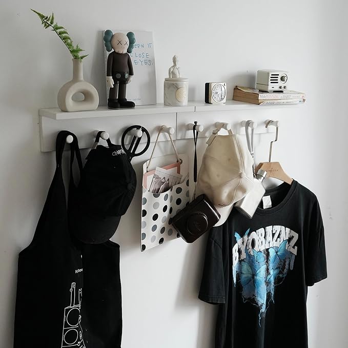 Entrance Coat Rack ，Coat Hooks, Wall-Mounted Wooden Hook Rack, Wall-Mounted Shelves are Very Suitable (White Color Finish—A-2)