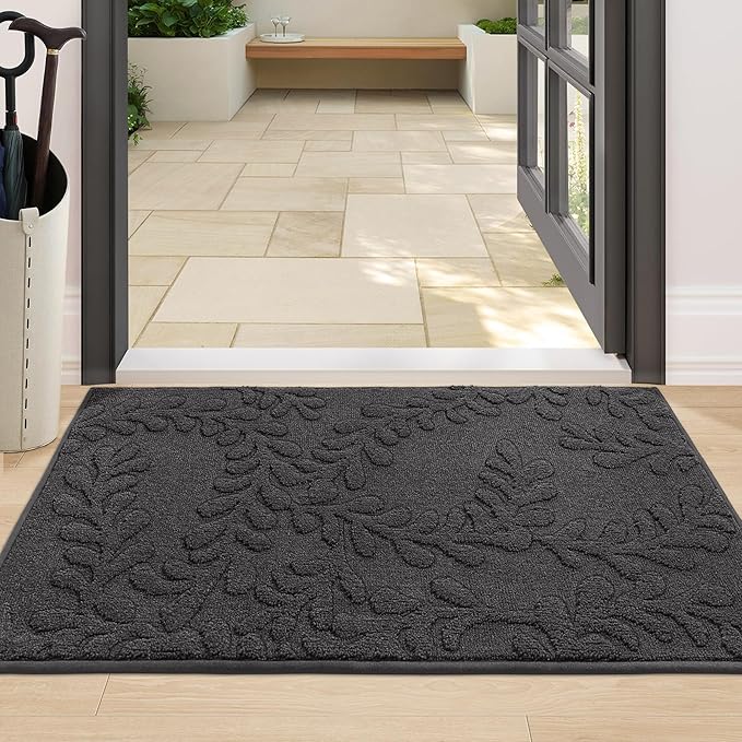 BEQHAUSE Dirt Trapper Door Mats 24”x36”, Non-Slip TPR Backing Dog Doormat, Super Absorbent Welcome Mat for Front Door, Muddy Shoes & Paws, Washable Entry Rugs, Dark Grey