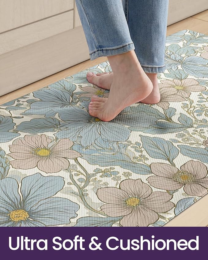 DEXI Kitchen Mats for Floor, 23x59, Cushioned Standing Mat Anti Fatigue, Wide Waterproof Comfort Floral Padded for Laundry Room Office, Blue