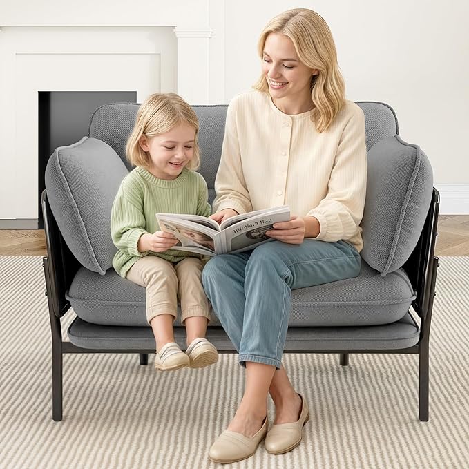 AYEASY Accent Chair, Oversized Living Room Chairs, Modern Armchair with Side Storage Pockets, Cozy Reading Chair with 2 Soft Pillow, Comfy Fabric Single Sofa Chair for Nursery, Bedroom, Blue Gray