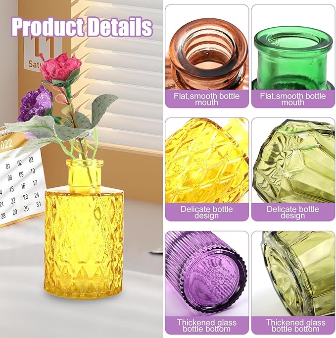12 Pcs Glass Bud Vases in Bulk,Mini Vintage Flower Vases for Centerpieces,Colored Small Vases for Flowers,Glass Bottles for Home Wedding PartiesTable Decoration (Many Colors)