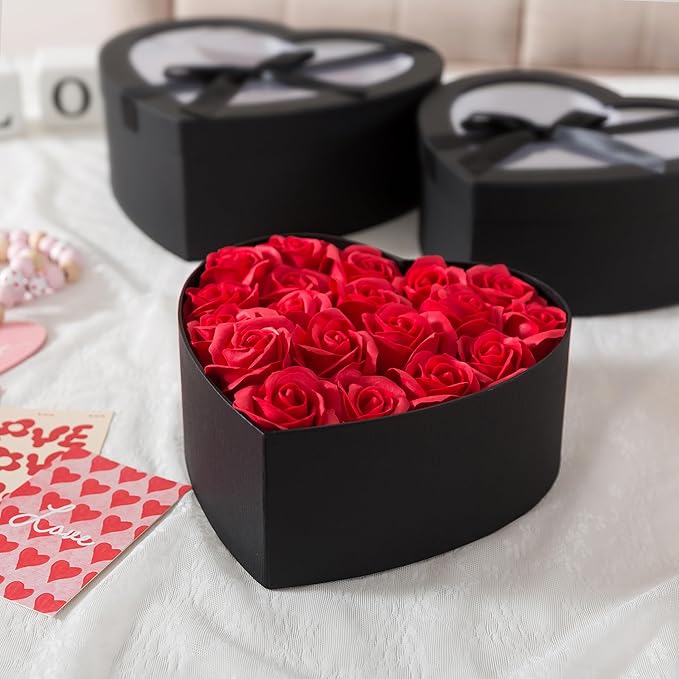 Soul & Lane Black Heart Shaped Gift Boxes with Clear Lids and Decorative Bows: Set of 3 Cardboard Heart Boxes for Flowers, Chocolates, Large Box for Flower Arrangements and Valentine’s Day Presents