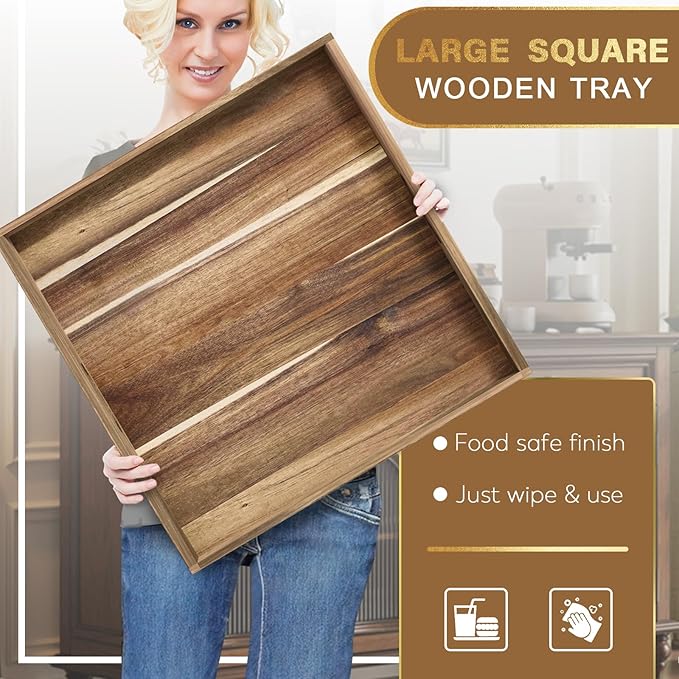 MAONAME Extra Large Square Ottoman Tray, 22" Acacia Wood Serving Tray for with Handles, Farmhouse Wooden Decorative Trays, Coffee Table Trays for Living Room, Countertop, Charcuterie