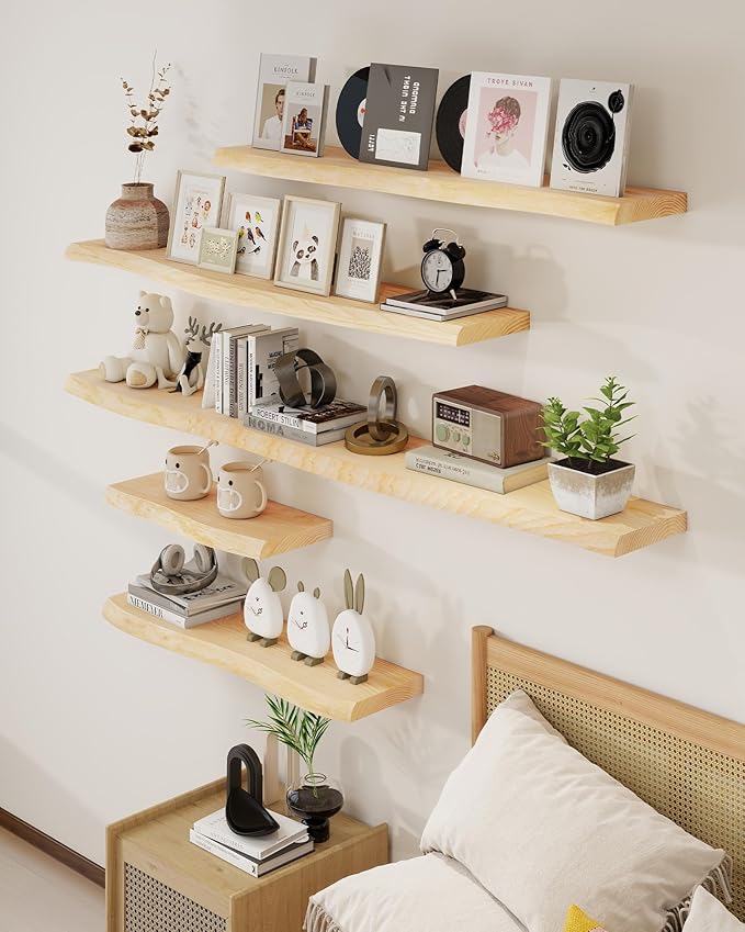 Axeman 55" Solid Wood Floating Shelves for Wall Decor, USA-Sourced Rustic Ash Wood Live Edge Shelf with Upgraded Heavy Invisible Bracket, Wall Mounted Shelf for Kitchen Bathroom Living Room, Natural