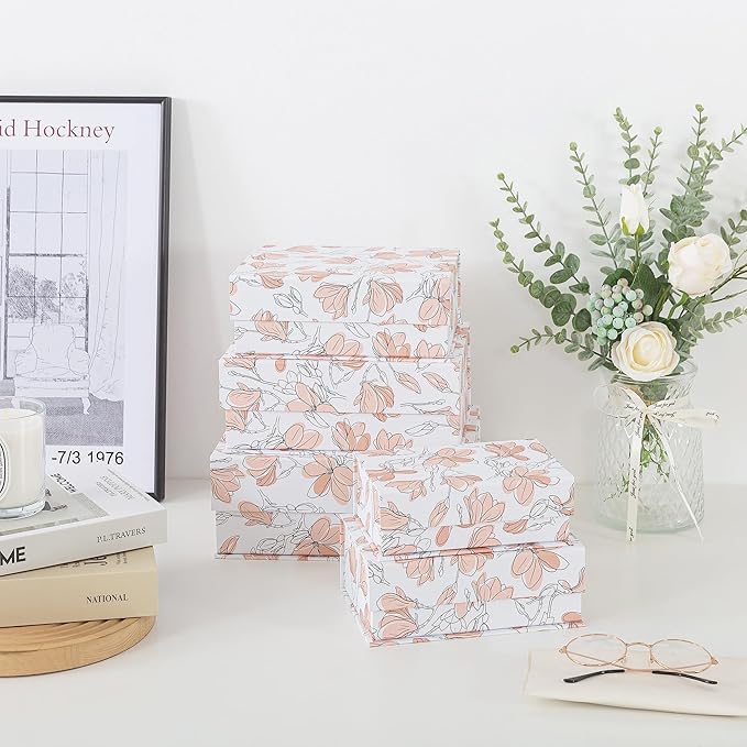 Soul & Lane Decorative Cardboard Storage Boxes with Lids - Set of 5, Floral Nesting Keepsake and Memory Boxes, Organizers with Magnetic Closure for Home Décor and Gifts, Canvas Bloom