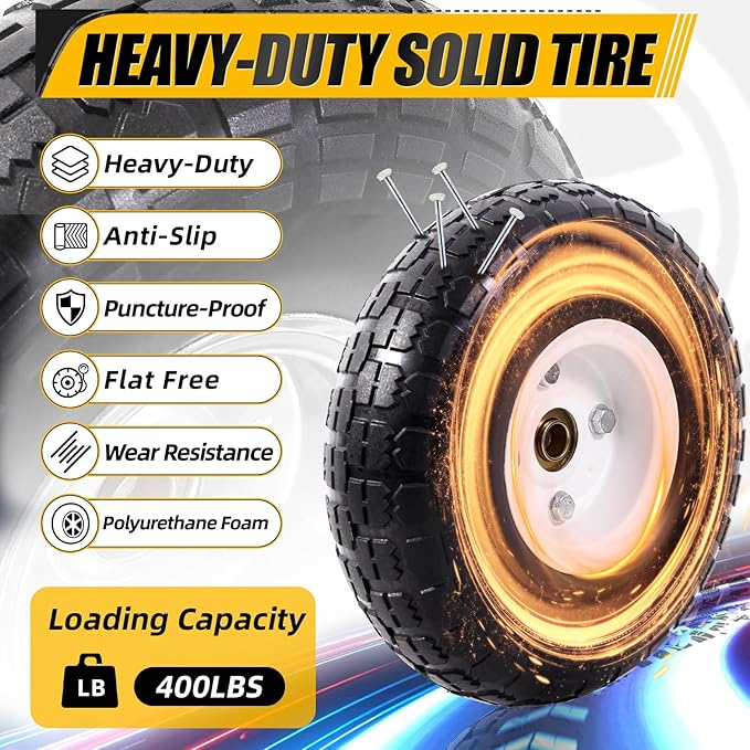 MZREXN 2-Pack 10" Flat Free Solid Tires 4.10/3.50-4 Tire and Wheel, with 5/8" Axle Bore Hole, 2"-2.2" Offset Hub, for Hand Truck, Garden Cart,Trolleys, Yard Trailers, Utility Cart, White