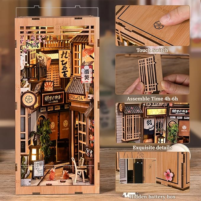 DIY Book Nook Kit - Japanese DIY Miniature House Kit for Adults,Dollhouse Kit 3D Wooden Puzzle Bookend Diorama Insert Decor,Gifts for Family Friends (The Alley Waiting for The Cat)