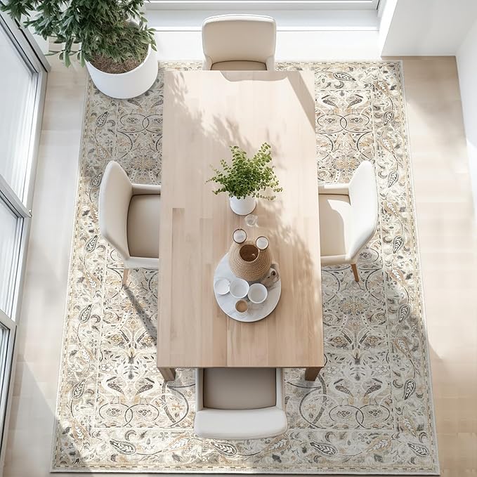 Fortsea 8x10 Large Beige Area Rug, Machine Washable Non Slip Low Pile Carpet for Spacious Room (8x10, Beige)