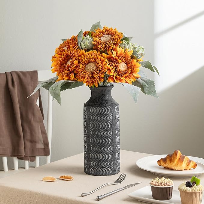 Black Vintage Vase - 11 in Ceramic Decorative Vase - Tall Flower Vase for Home Decor - Table Pedestal Cylinder Bud Vases for Centerpieces - Decoration Farmhouse Vase by Lyeec