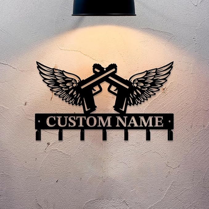 Personalized Custom Name Gun Wall Hooks,Metal Gun Room Art Clothes Hooks,Metal Gun Wall Home Storage Decorative,For Front Door, Hallway, Kitchen, Bedroom,Keys,Hats (Style D)
