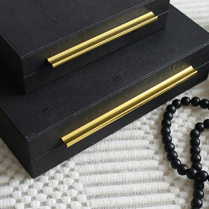 Faux Shagreen Decorative Storage Boxes – Set of 3 Stackable Jewelry Organizers with Gold Metal Handles & Velvet Lining, Modern Black Box for Vanity, Entryway & Coffee Table Décor