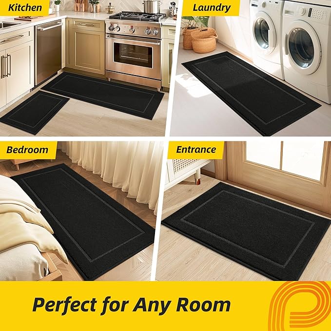 JSEI Non-Slip Kitchen Mats, Self Adhesive No Sliding Kitchen Rugs Set of 2, Washable Absorbent Floor Mat for Kitchen, Bathroom, Laundry Room, Bedroom, 24”x36”+24”x60”, Black, Rectangular Pattern