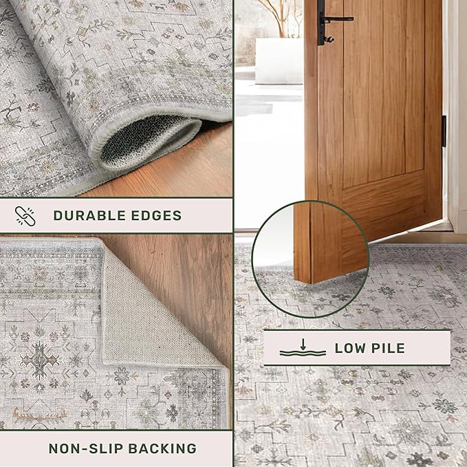 Hazo Haus Boho 4x6 Living Room Rug - Light Grey Modern Vintage Eclectic Floral Pastel Neutral Taupe, Washable Low Pile Non-Slip Area Rugs for Kitchen, Mudroom, Bedroom Beside Bed, Office