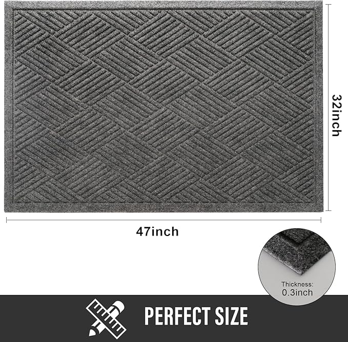 HIYARD Sturdy Front Door Mat, Absorbent Muddy Dirt Resist Welcome Door Mats Outdoor Indoor, Stain and Fade Resistant, Non-Slip Rubber Backing Low Profile Doormat for Entryway, 47×32, Grey