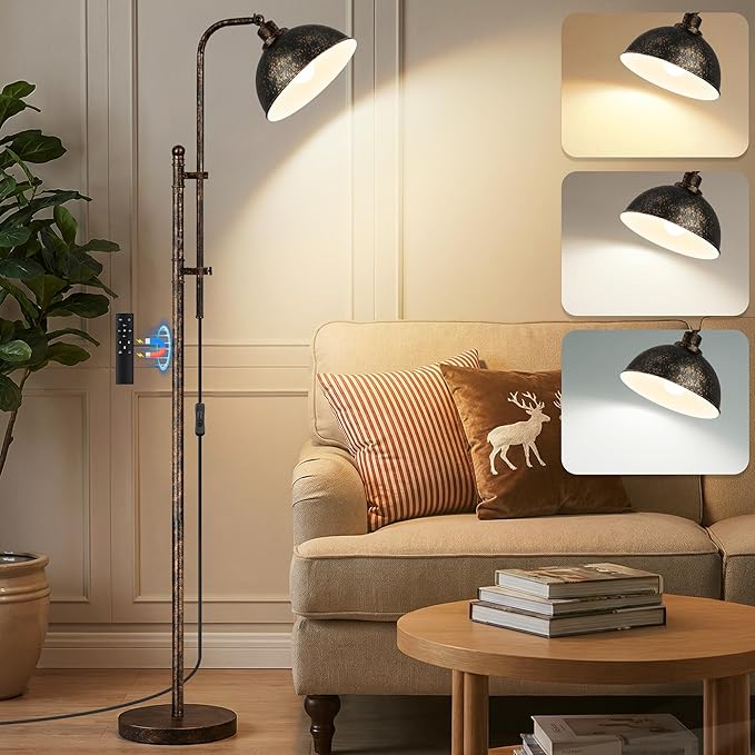 LANICHO Floor Lamp, Industrial Modern Standing Lamp with Remote Control, 71" Height Adjustable, Aged Black Finish Rustic Farmhouse Tall Reading Lamp for Bedroom, Over Couch Arched Reading Light