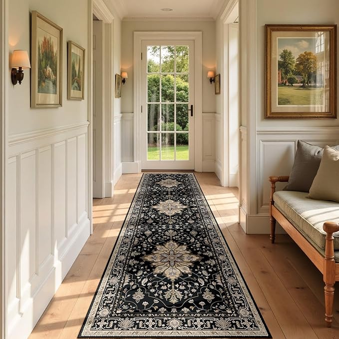 RELEANY Area Rugs 2'x7' Washable Non-Slip, Floral Vintage Distress Print Pattern Medallion Carpet for Living Room Bedroom Dining Room, Black Brown Neutral Dark Tan
