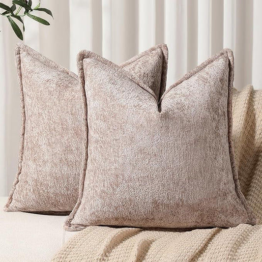 DEZENE Pack of 2 Khaki Euro Shams Pillow Covers 26x26 Cozy Soft Chenille Decorative Throw Pillow Covers Accent Vintage Square Couch Pillow Covers for Home Decor Bed Sofa Living Room