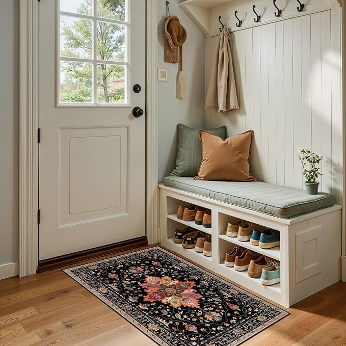 RELEANY Area Rugs 2'x4' Washable Non-Slip, Floral Vintage Distress Print Pattern Medallion Carpet for Living Room Bedroom Dining Room, Black Colorful Floral Dark Tan
