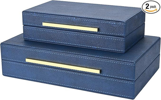 Navy Blue Shagreen box Set of 2 Faux Leather Decorative Boxes,Large Nesting Storage Decorative Boxes with Lids for Modern Home Decor Stacking Jewelry Box Organizer