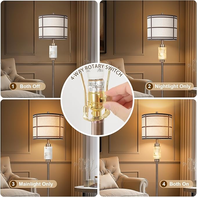 KIVDITZO Natural Alabaster Floor Lamp, Lamps for Bedroom, Tall Lamp with Night Light, Marble Base, Linen Shade,Living Room Lamp, Standing Lamp for Living Room Bedroom Office - Brown (Bulb Included)