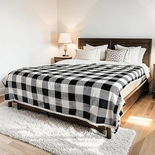 LUXIAN Electric Heated Blanket Queen Size 84"x90" - Flannel & Sherpa Fabric Dual-Sided, 9 Heat Settings & 1-10 Hours Auto Off, Machine Washable, Striped Checkered