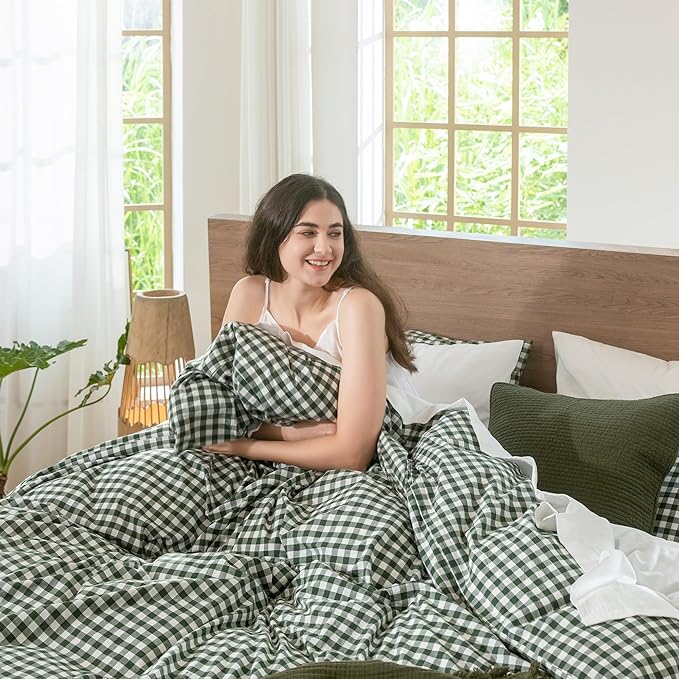 MooMee Gingham Duvet Cover Set 100% Washed Cotton Linen Like Textured Breathable Durable Soft Comfy Modern Checkered Design (Forest Green Gingham, Twin 68"x90")