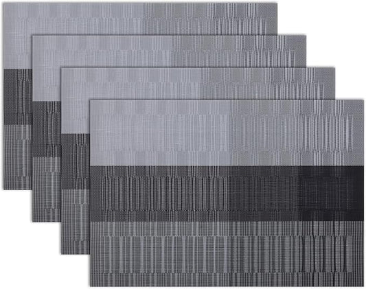 Winknowl Placemats Set of 4, Heat Resistant Non-Slip Vinyl Woven Table Mats for Dining Table, Washable Durable Elegant Place Mats for Kitchen Indoor/Outdoor Use (Black)