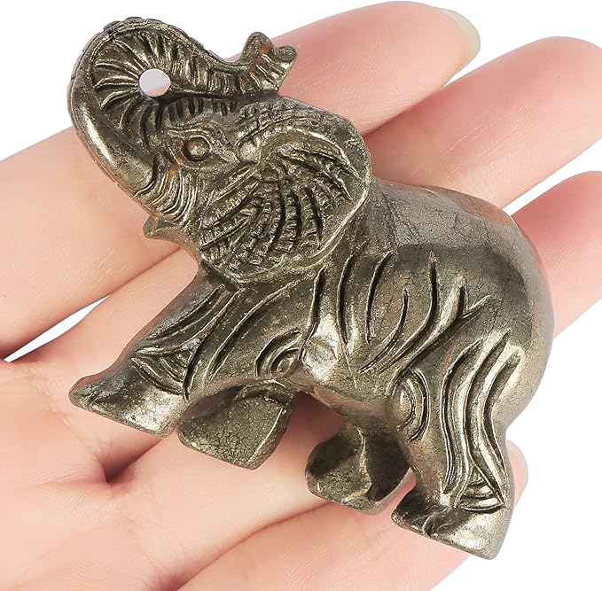 2.5" Pyrite Crystal Elephant Statue - Hand Carved Healing Craft Home Office Decor & Gifts