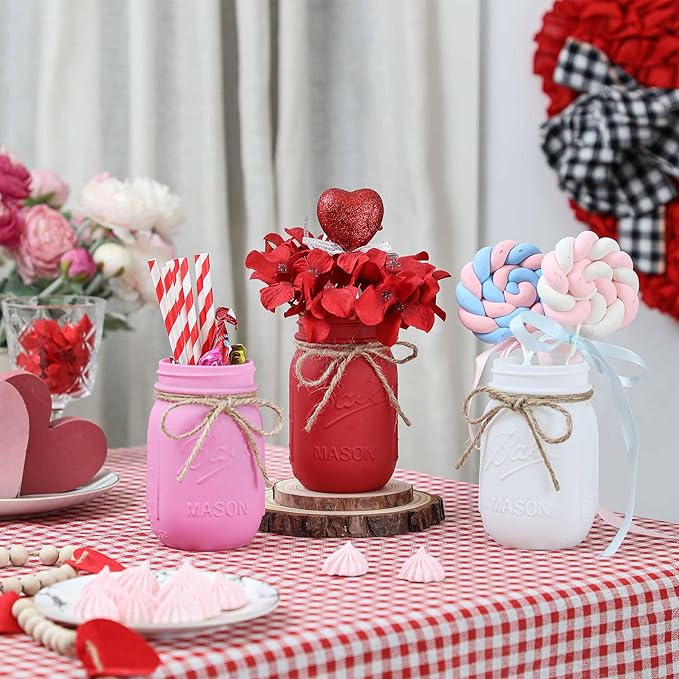 Valentines Anniversary Decor for Women, Red Decorative Mason Jars for Valentines Decorations and Wedding Table Decor, Valentines Gift for Women, Mothers Day Mason Jar