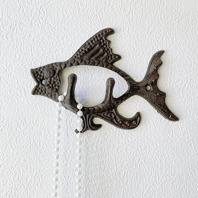 Rustic Fish-Shaped Decorative Wall Hook Rack Hangers for Hanging Clothes, Coats, Towels, Keys, and Hats, 1 Pack Antique Cast Iron Mounted Wall Hooks